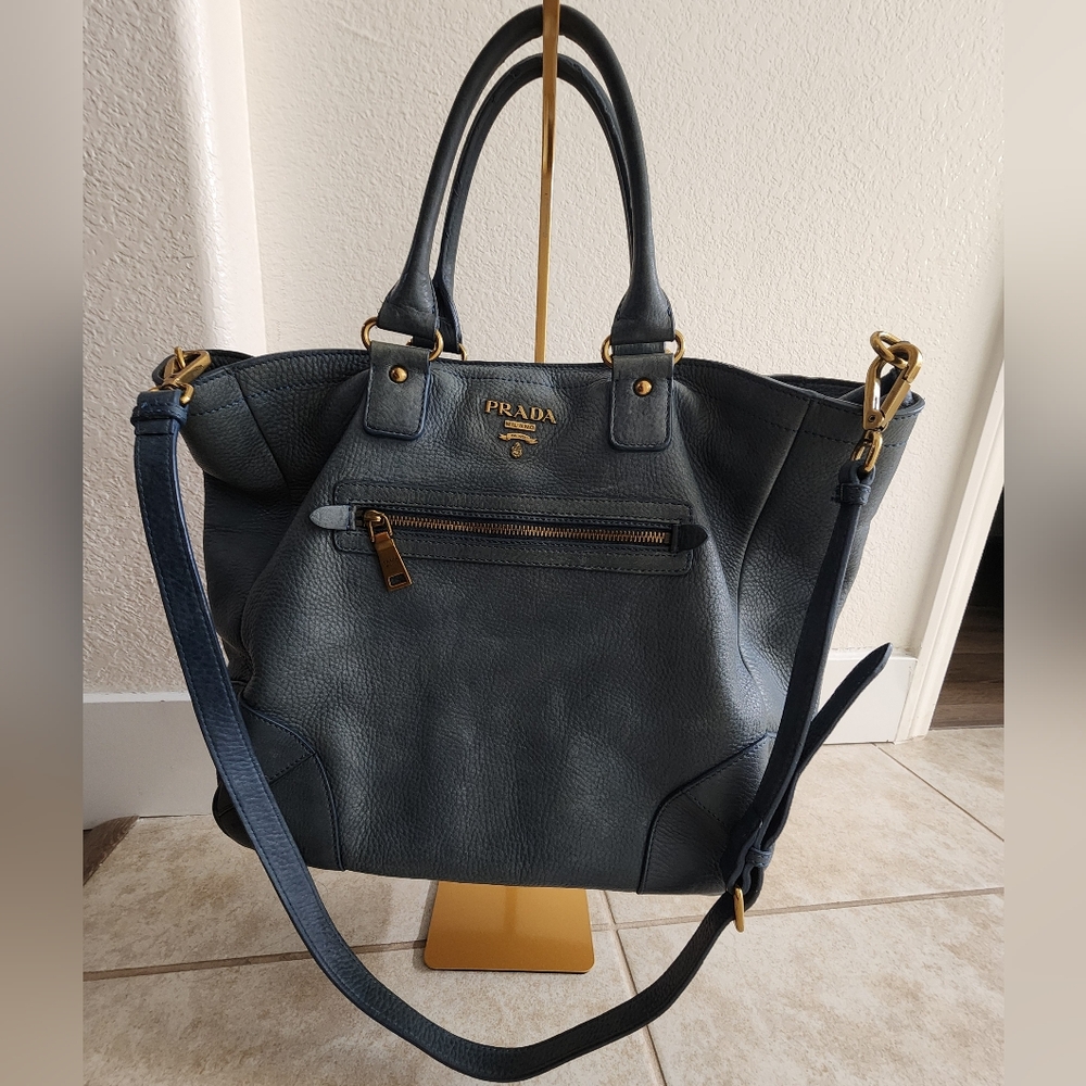 Prada Blue Leather Tote/Crossbody Bag - Picture 2 of 16